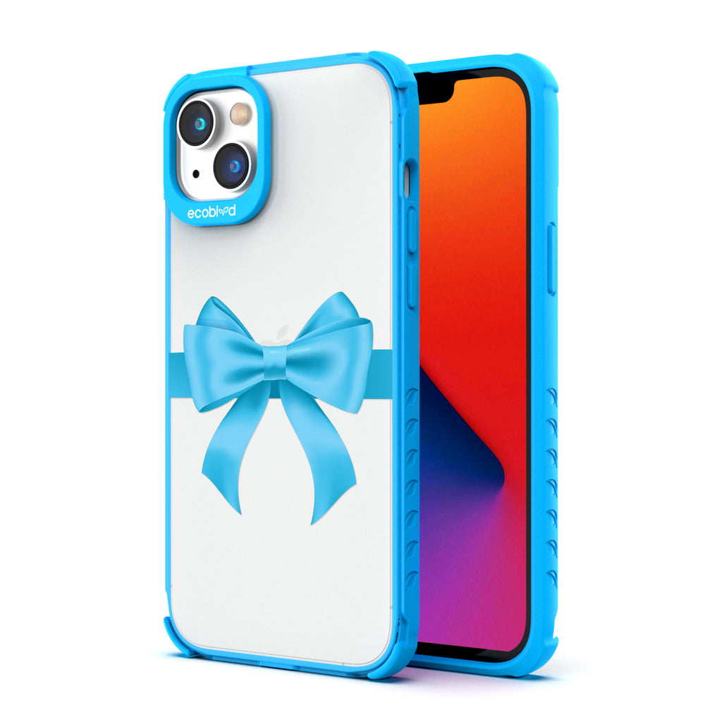 Back View Of Compostable Blue iPhone 14 Plus Winter Laguna Case With That's A Wrap Design & Front View Of The Screen