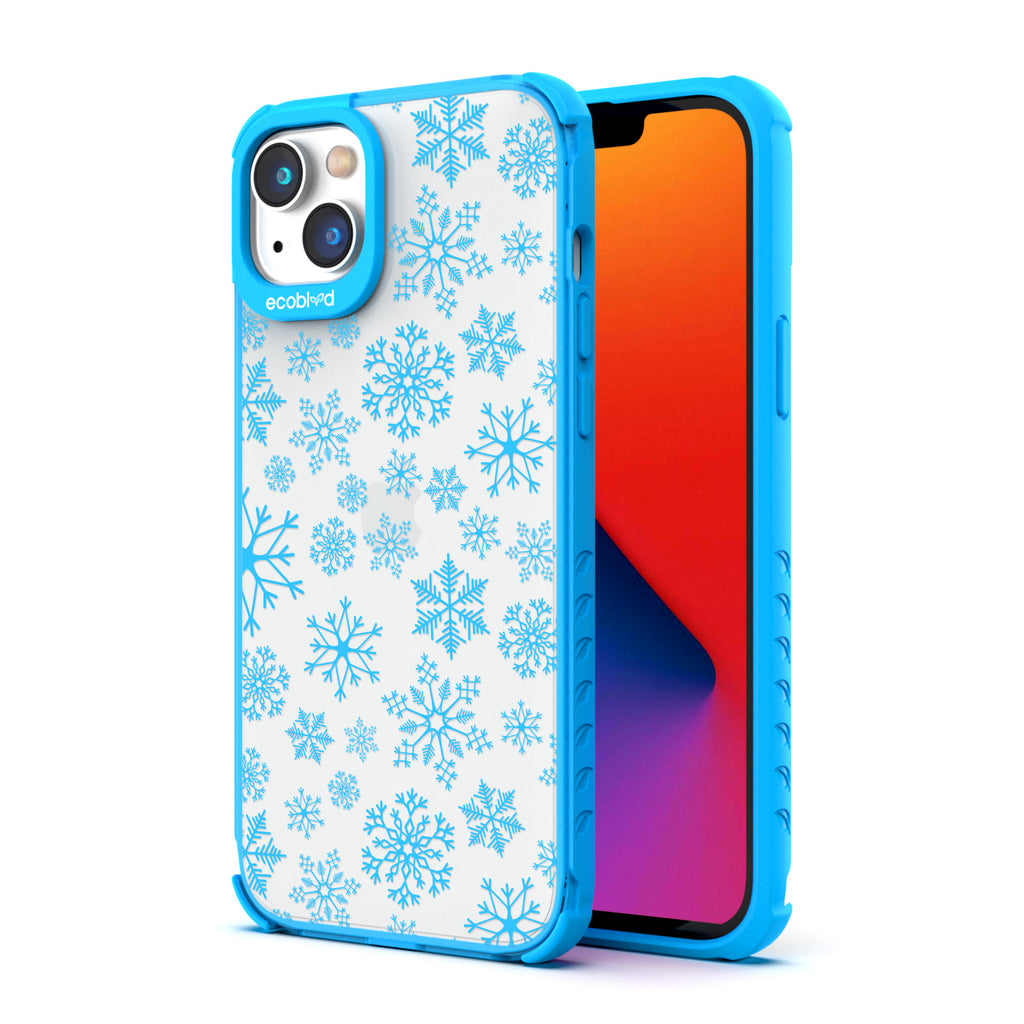 Back View Of Eco-Friendly Blue iPhone 14 Plus Winter Laguna Case With The Let It Snow Design & Front View Of The Screen