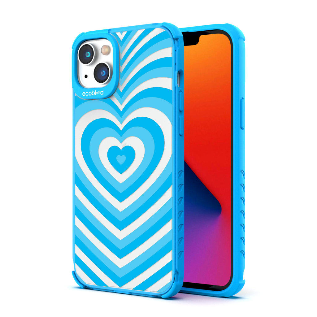 Back View Of Blue Eco-Friendly iPhone 14 Clear Case With The Tunnel Of Love Design & Front View Of Screen