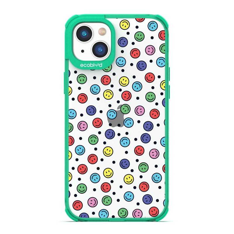 Laguna Collection - Green Eco-Friendly iPhone 14 Case With Multicolored Smiley Faces & Black Dots On A Clear Back 