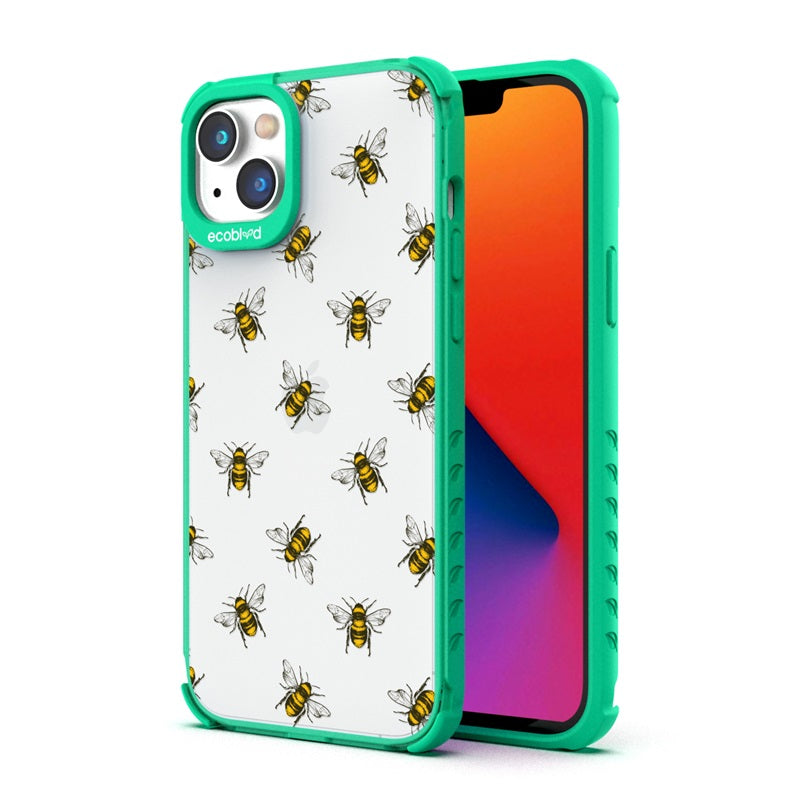 Back View Of The Green iPhone 14 Laguna Case With The Bees Design On A Clear Back And Front View Of The Screen