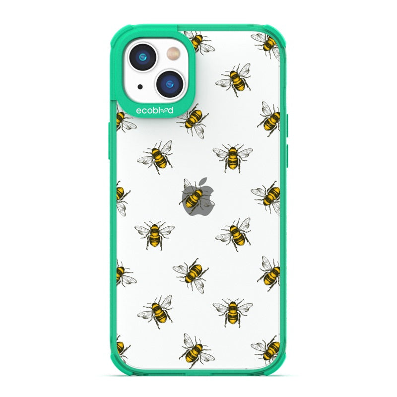 Laguna Collection - Green Eco-Friendly iPhone 14 Case With A Honey Bees Design On A Clear Back - Compostable