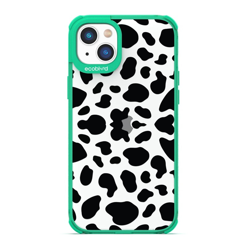 Laguna Collection - Green Eco-Friendly iPhone 14 Case With A Black Spot Cow Print Pattern On A Clear Back - Compostable