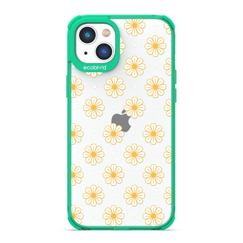 Laguna Collection - Green Eco-Friendly iPhone 13 Case With White Floral Pattern Daisies & Dots On A Clear Back - Compostable