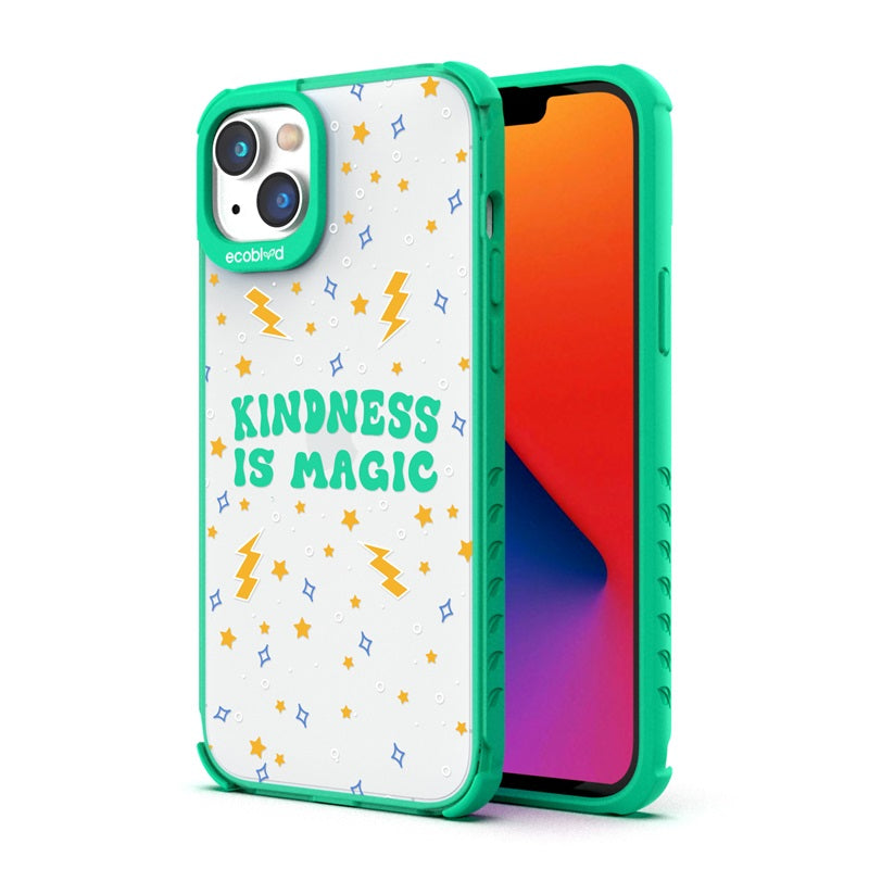 Back View Of Green Eco-Friendly iPhone 14 Laguna Case With Kindness Is Magic Design & Front View Of Screen