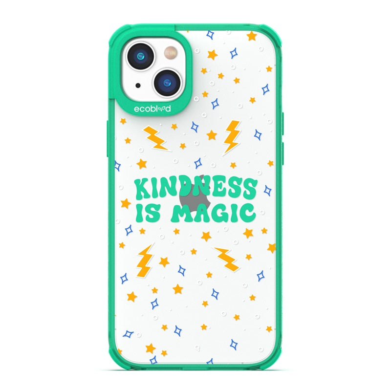 Laguna Collection - Green Compostable iPhone 14 Case With Kindness Is Magic, Lightning & Stars On A  Clear Back