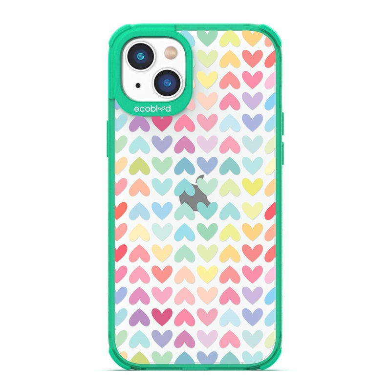 Laguna Collection - Green Eco-Friendly iPhone 14 Case With A Pastel Rainbow Hearts Pattern On A Clear Back - Compostable