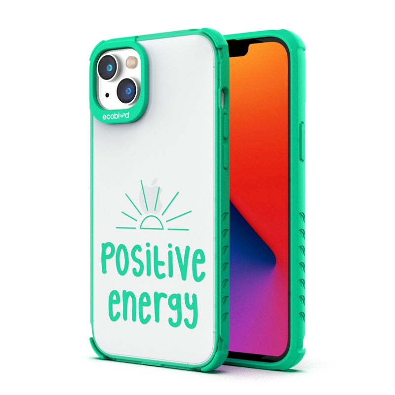 Back View Of The Green iPhone 14 Laguna Case With The Positive Energy Design On A Clear Back And Front View Of The Screen