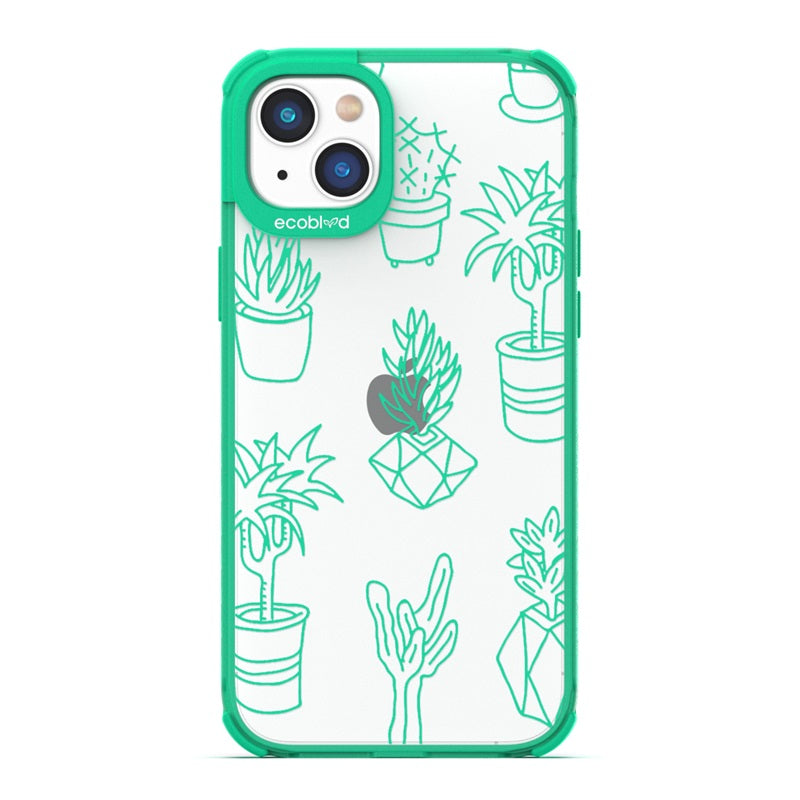 Laguna Collection - Green Eco-Friendly iPhone 14 Case With Line Art Succulent Garden Print On A Clear Back - Compostable