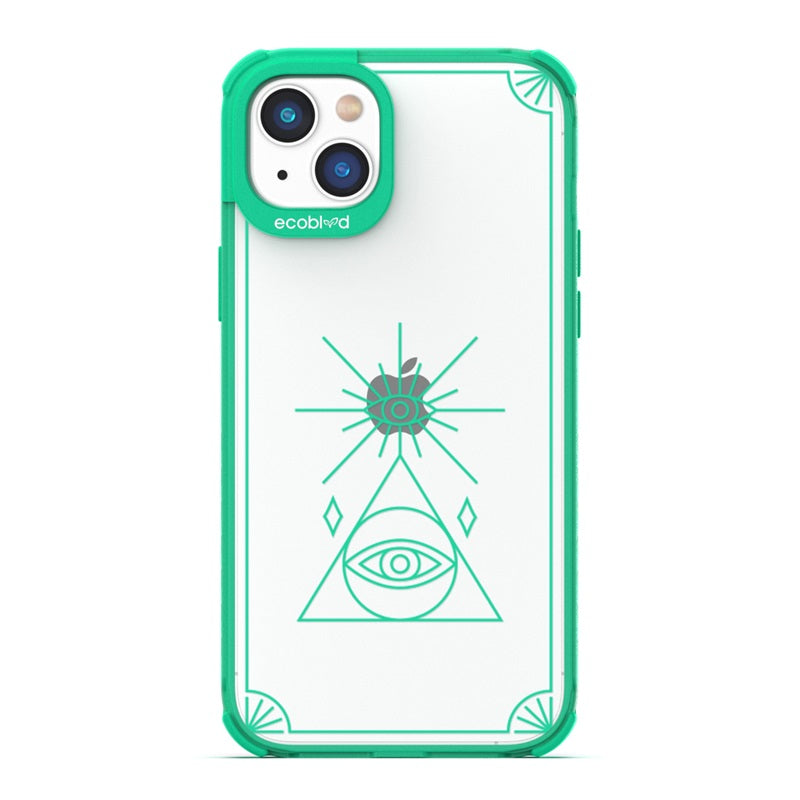 Laguna Collection - Green Eco-Friendly iPhone 14 Case With An All Seeing Eye Tarot Card On A Clear Back - Compostable