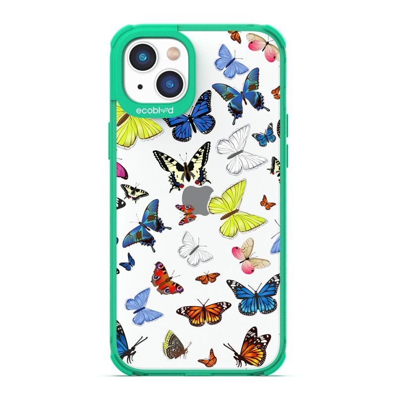 Laguna Collection - Green Eco-Friendly iPhone 14 Case With Multicolored Butterflies On A Clear Back - Compostable
