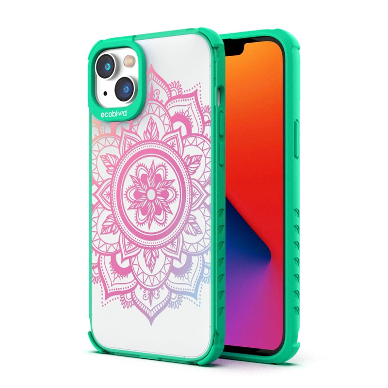 Back View Of Green Compostable Laguna iPhone 14 Case With Mandala Design & Front View Of Screen