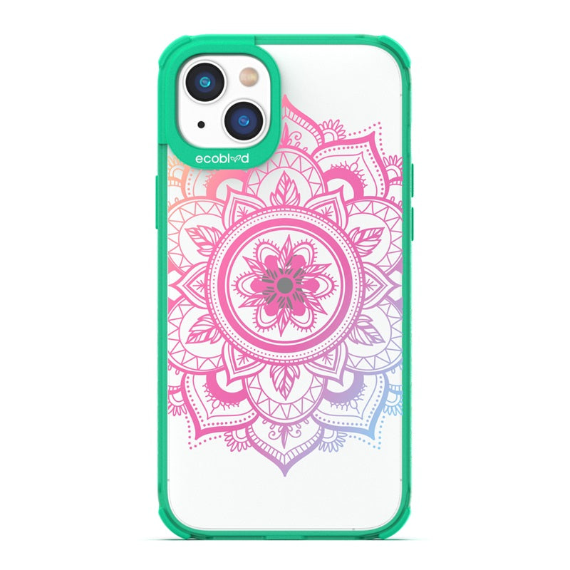 Laguna Collection - Green Eco-Friendly iPhone 14 Case With A Pink Gradient Lotus Flower Mandala Design On A Clear Back 