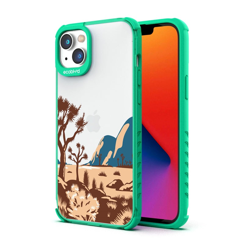 Back View Of The Green Compostable iPhone 14 Laguna Case With Joshua Tree Design & Front View Of The Screen