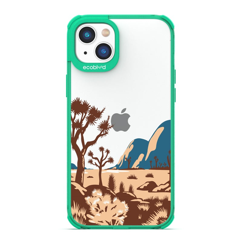 Laguna Collection - Green Eco-Friendly Apple iPhone 14 Case With Minimalist Joshua Tree Desert Landscape On A Clear Back