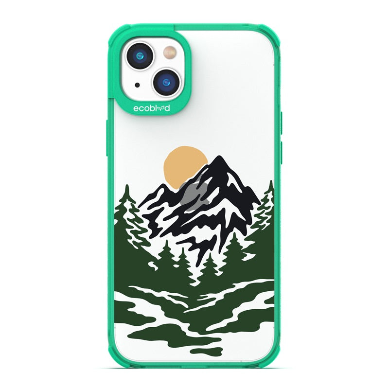 Laguna Collection - Green Eco-Friendly iPhone 14 Case With A Minimalist Moonlit Treelined Mountain Landscape On A Clear Back