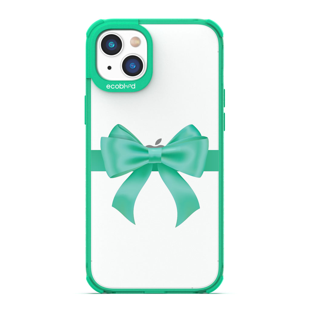 Winter Collection - Green Eco-Friendly Laguna iPhone 14 Plus Case With A Green Gift Bow Printed On A Clear Back