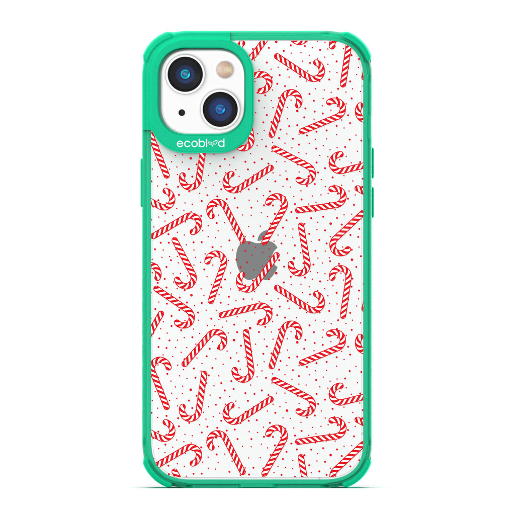 Winter Collection - Green Laguna Eco-Friendly iPhone 14 Case With Red & White Candy Canes & Red Dots On A Clear Back