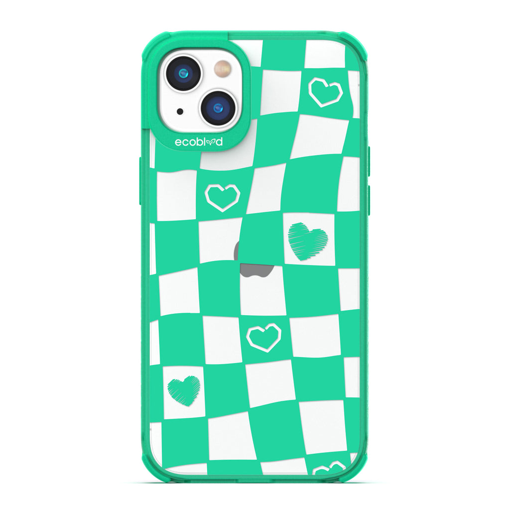 Love Collection - Green Compostable iPhone 14 Case - Wavy Checkered Print & Scribbled Hearts On A Clear Back