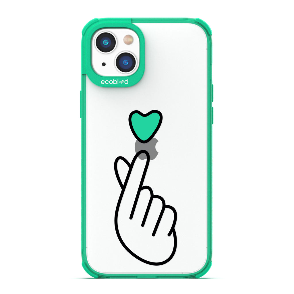Love Collection - Green iPhone 14 Case - Green Heart Above Hand With Index Finger & Thumb Crossed On Clear Back