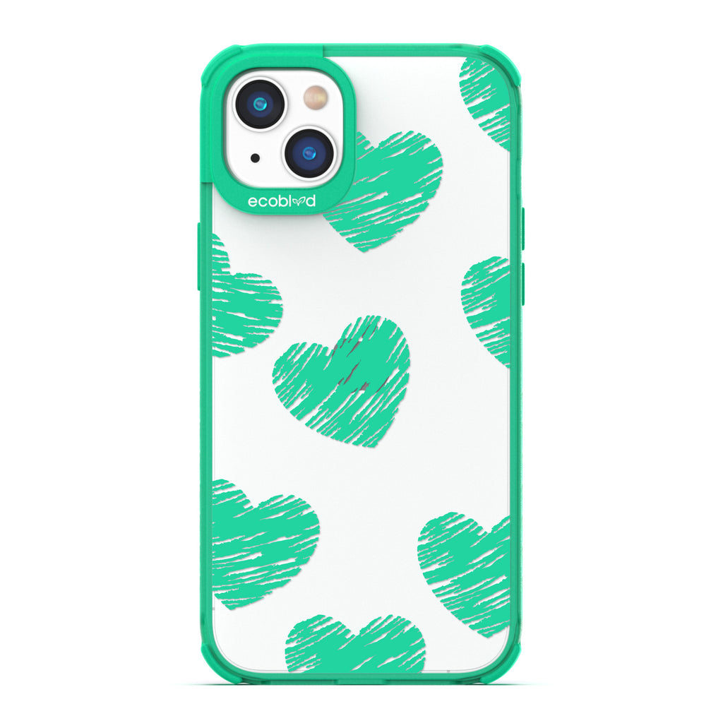 Love Collection - Green Compostable iPhone 14 Case - Green Scribbled Hearts On A Clear Back