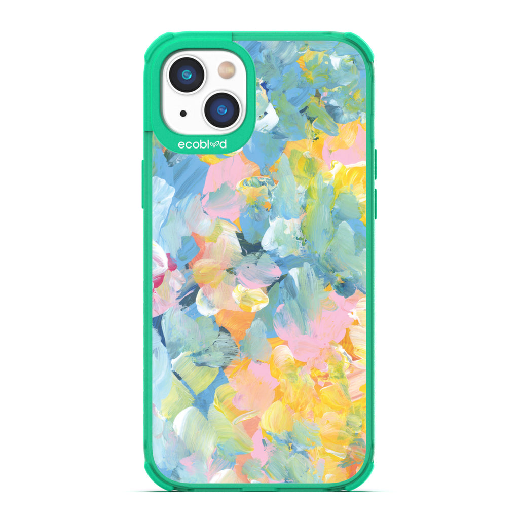 Spring Collection - Green Compostable iPhone 14 Case - Pastel Acrylic Abstract Paint Smears & Blots On A Clear Back