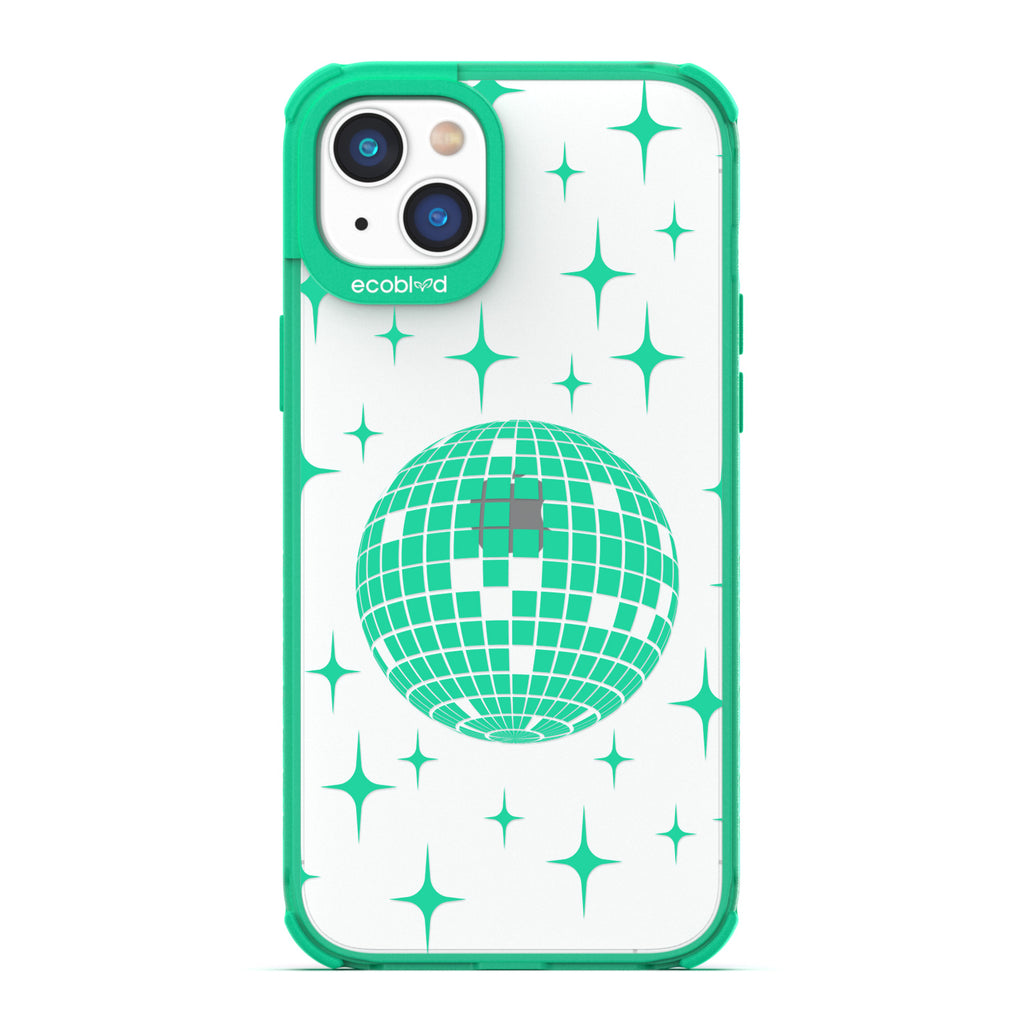 Winter Collection - Green Eco-Friendly iPhone 14 Case - A Mirror Ball Shines With Stars On A Clear Back