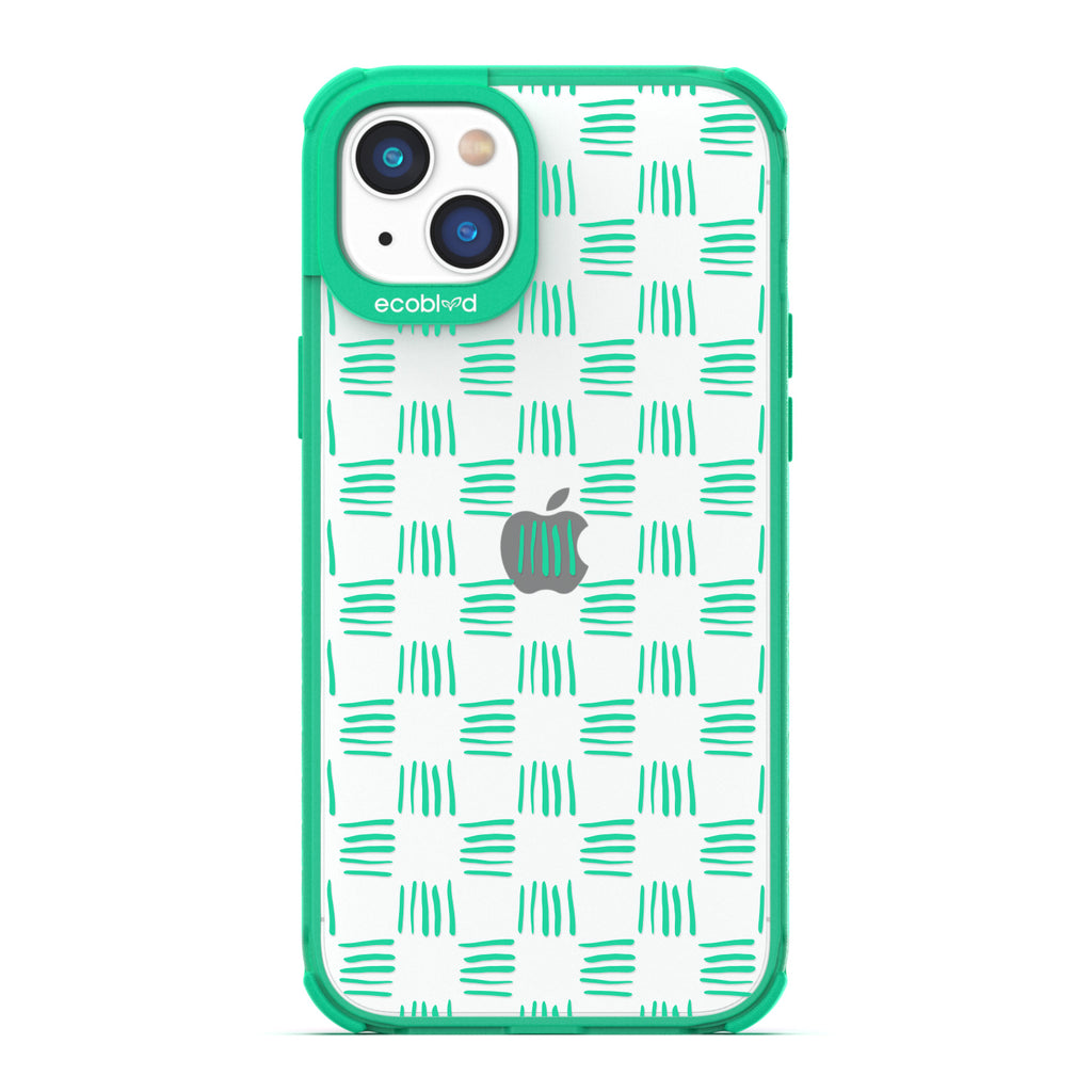 Contemporary Collection - Green Compostable iPhone 14 Plus Case - Wicker Inspired Rattan Pattern On A Clear Back
