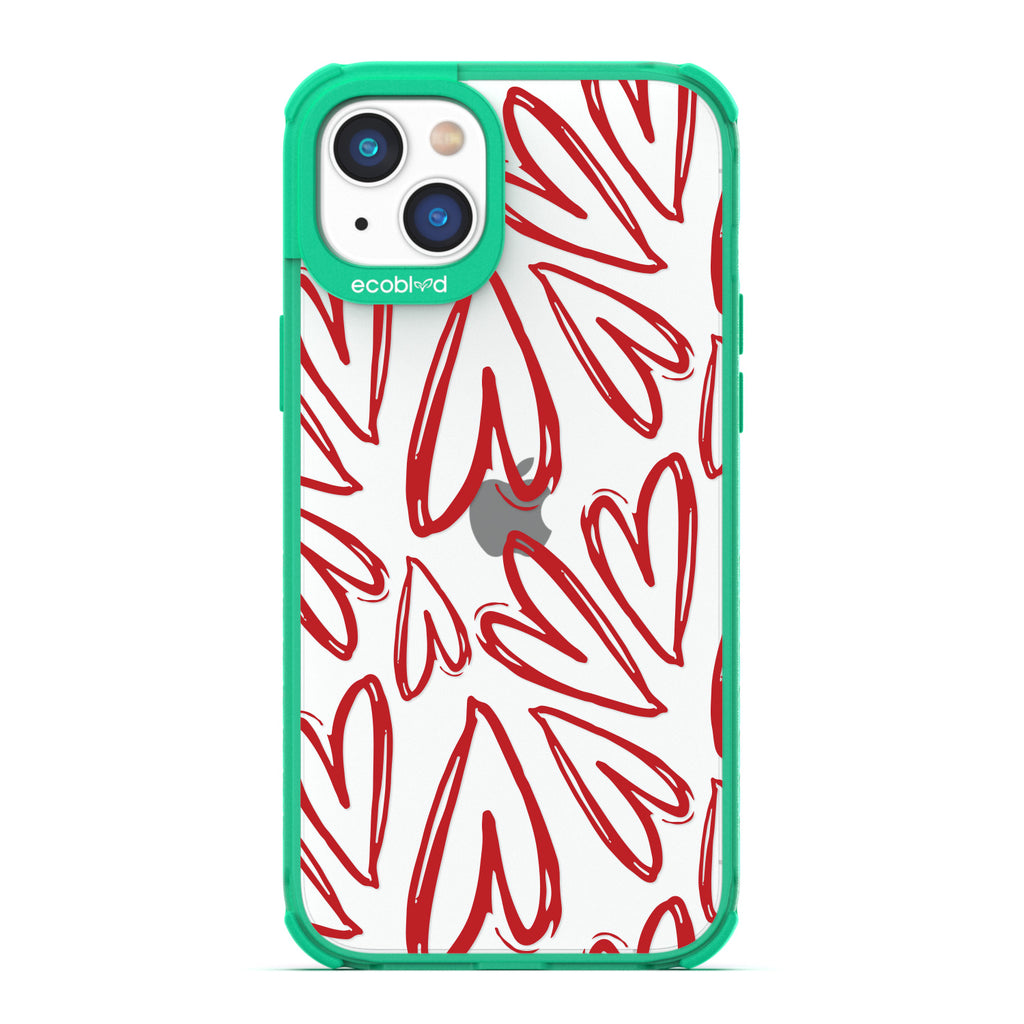  Love Collection - Green Compostable iPhone 14 Case - Painted / Sketched Red Hearts On A Clear Back