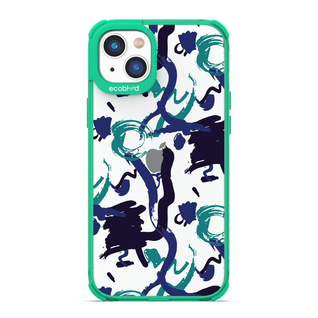 Contemporary Collection - Green Compostable iPhone 14 Plus Case - Blue, Black, Teal Abstract Paint Swirl On A Clear Back