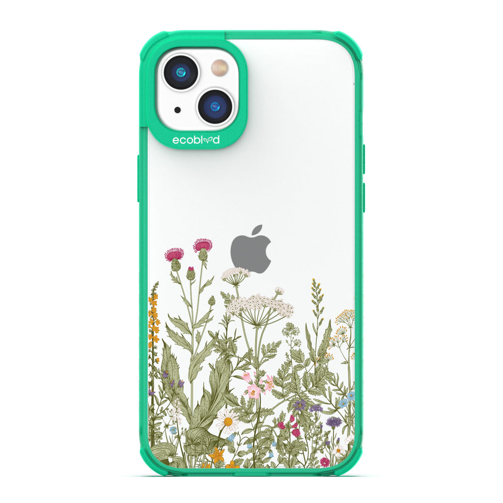 Spring Collection - Green Compostable iPhone 14 Plus Case - Wild Herbs & Flowers Botanical Herbarium On A Clear Back