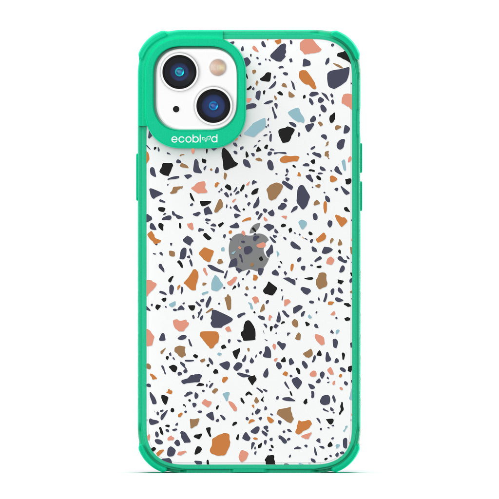 Timeless Collection - Green Laguna Compostable iPhone 14 Case With A Speckled Terrazzo Pattern On A Clear Back