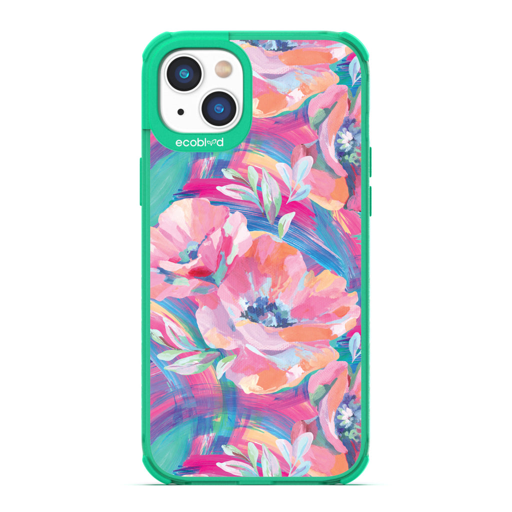 Spring Collection - Green Compostable iPhone 14 Plus Case - Pastel-Colored Abstract Painting Of Poppies On Clear Back