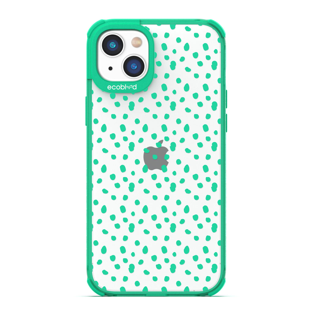 Timeless Collection - Green Laguna Compostable iPhone 14 Case With A Polka Dot Pattern On A Clear Back