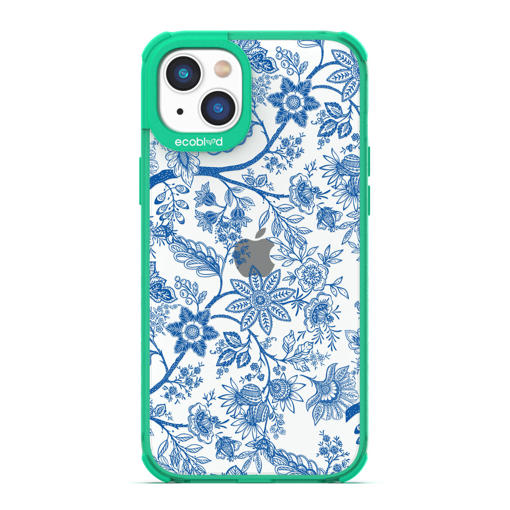 Timeless Collection - Green Laguna Eco-Friendly iPhone 14 Case With Blue Toile De Jouy Floral Pattern On A Clear Back