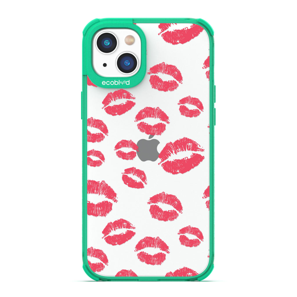 Love Collection - Green Compostable iPhone 14 Case - Multiple Red Lipstick Kisses On A Clear Back