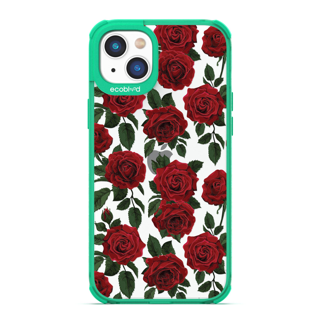 Love Collection - Green Compostable iPhone 14 Case - Red Roses & Leaves On A Clear Back