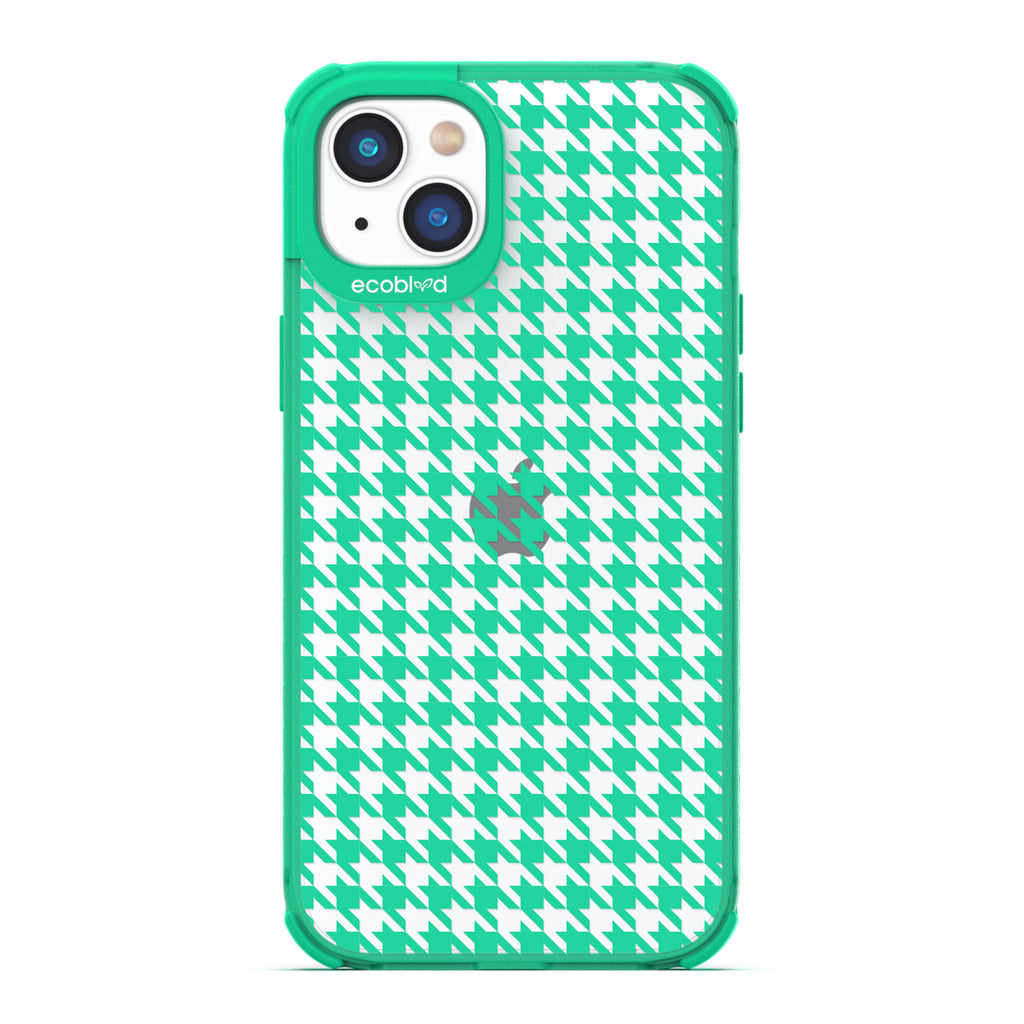 Timeless Collection - Green Laguna Compostable iPhone 14 Plus Case With A Plaid Houndstooth Pattern On A Clear Back