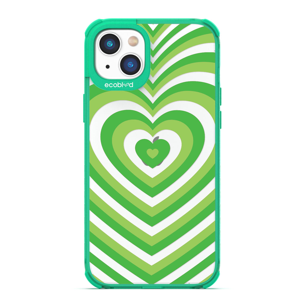 Love Collection - Green Compostable iPhone 14 Plus Case - A Green Heart Gradually Growing Larger On A Clear Back