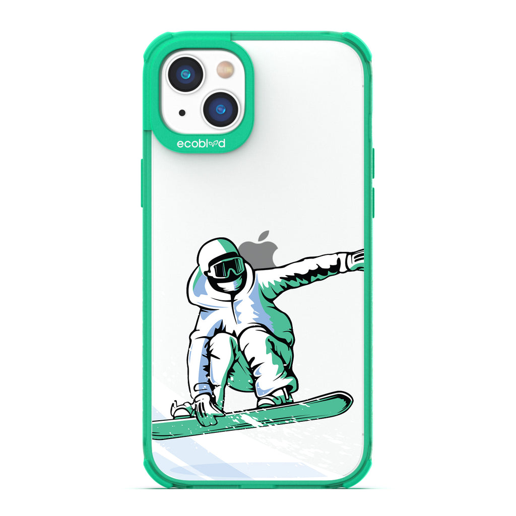 Winter Collection - Green Eco-Friendly iPhone 14 Case - A Snowboarder Jumps While Holding The Board On A Clear Back