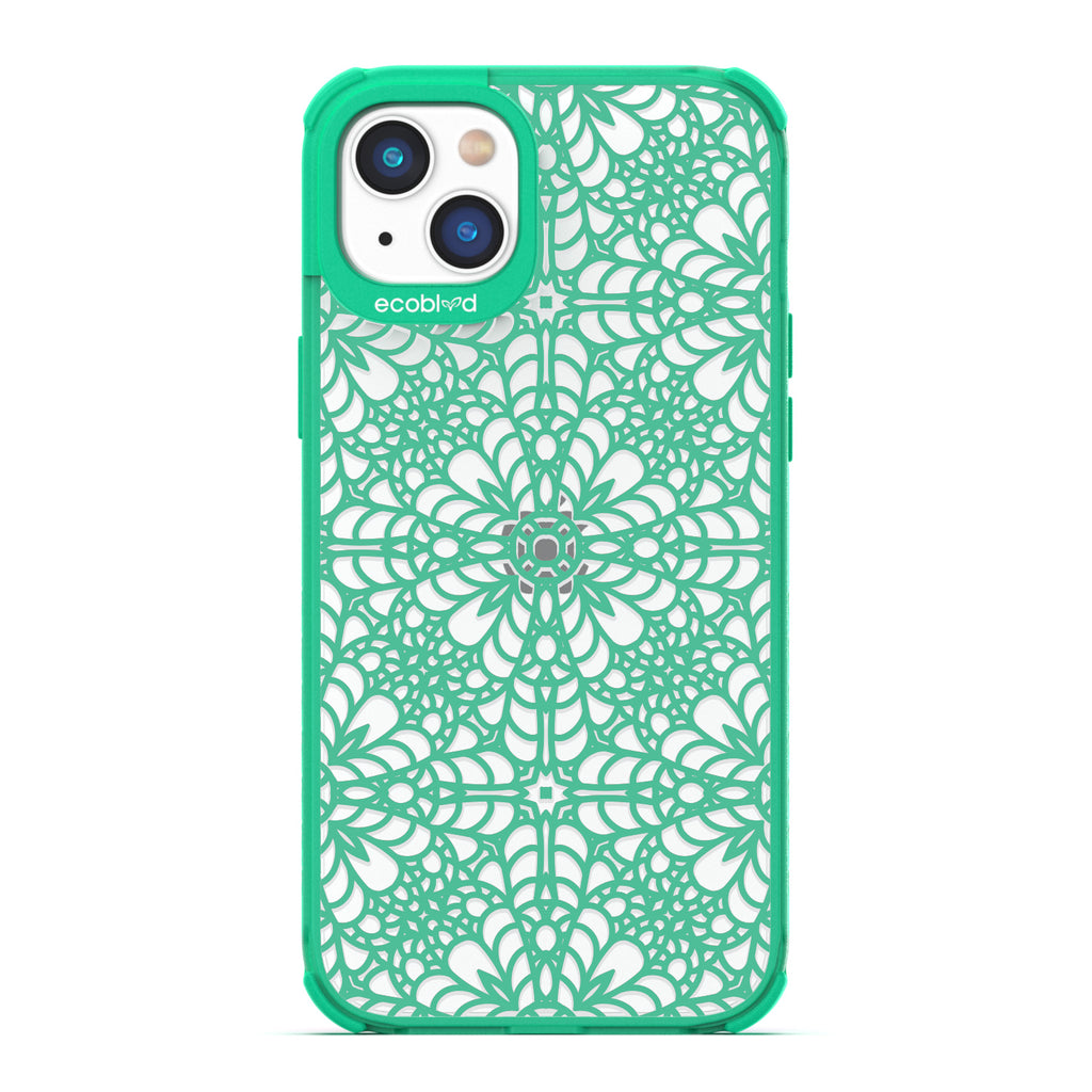 Spring Collection - Green Compostable iPhone 14 Case - Intricate Lace Tapestry Pattern On A Clear Back