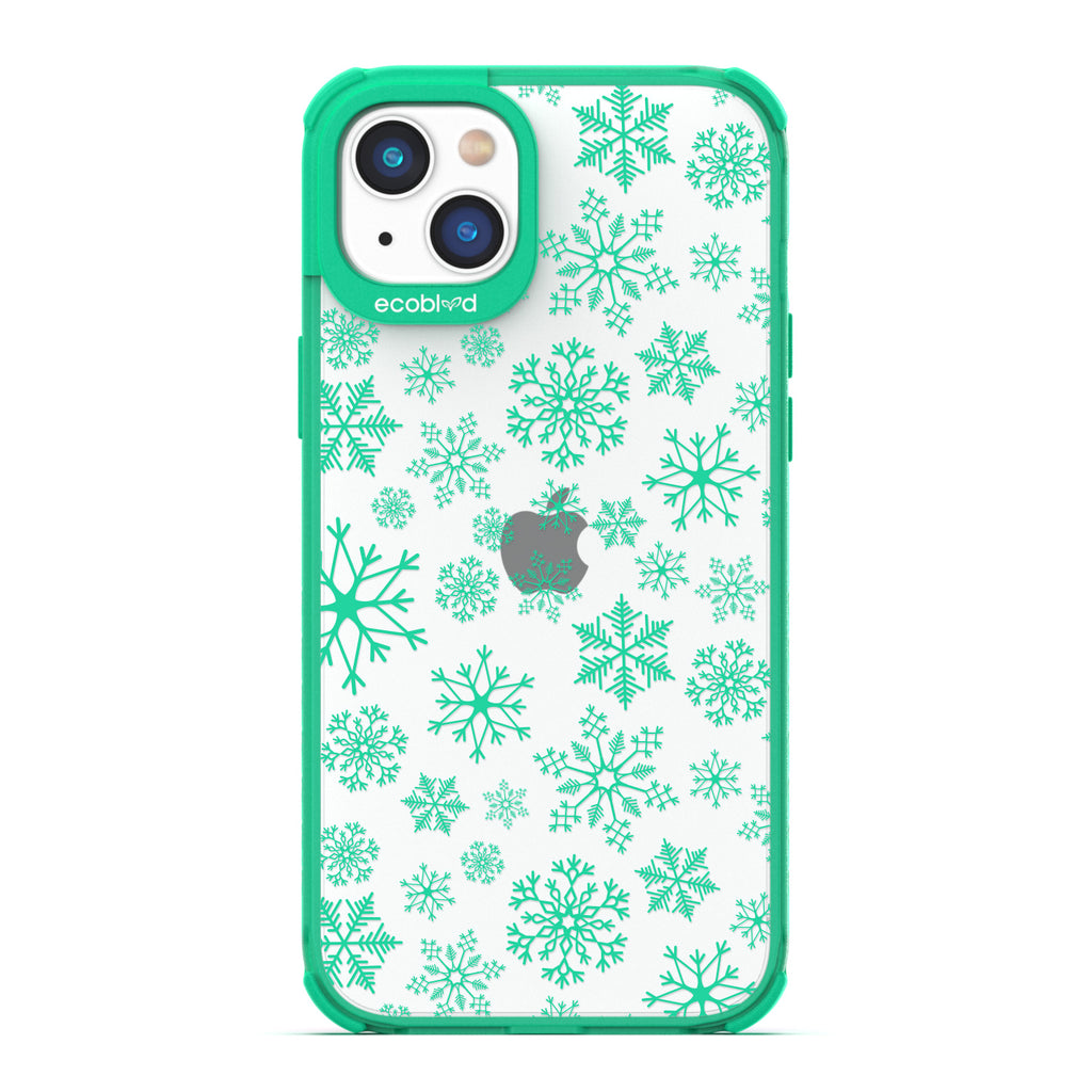Winter Collection - Green Eco-Friendly Laguna iPhone 14 Case With A Snowflake Pattern On A Clear Back