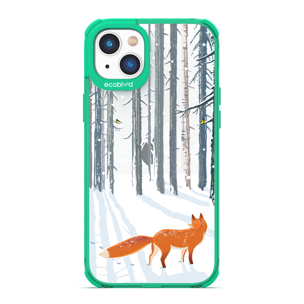 Winter Collection - Green Compostable iPhone 14 Case - Orange Fox Trails Pawprints In Snowy Woods On A Clear Back