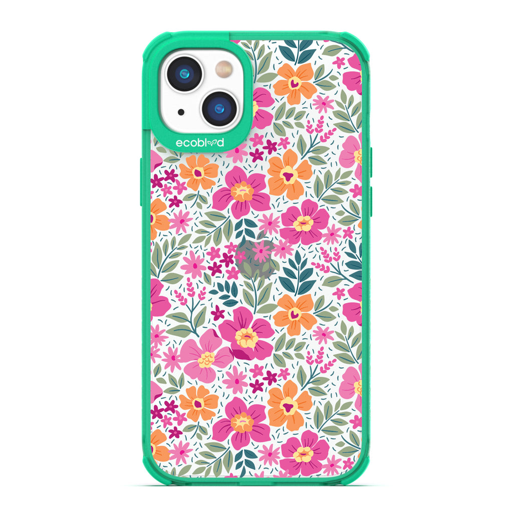 Spring Collection - Green Compostable iPhone 14 Case - Bright, Colorful  Vintage Cartoon Flowers with Leaves On A Clear Back