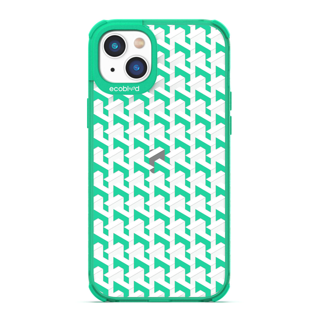 Timeless Collection - Green Laguna Compostable iPhone 14 Plus Case With High-Fashion Inspired Chevron Print On A Clear Back