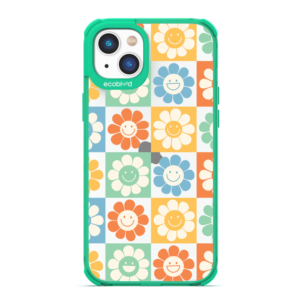 Spring Collection - Green Compostable iPhone 14 Plus Case - 70's Gingham Cartoon Flowers W/ Smiley Faces On Clear Back
