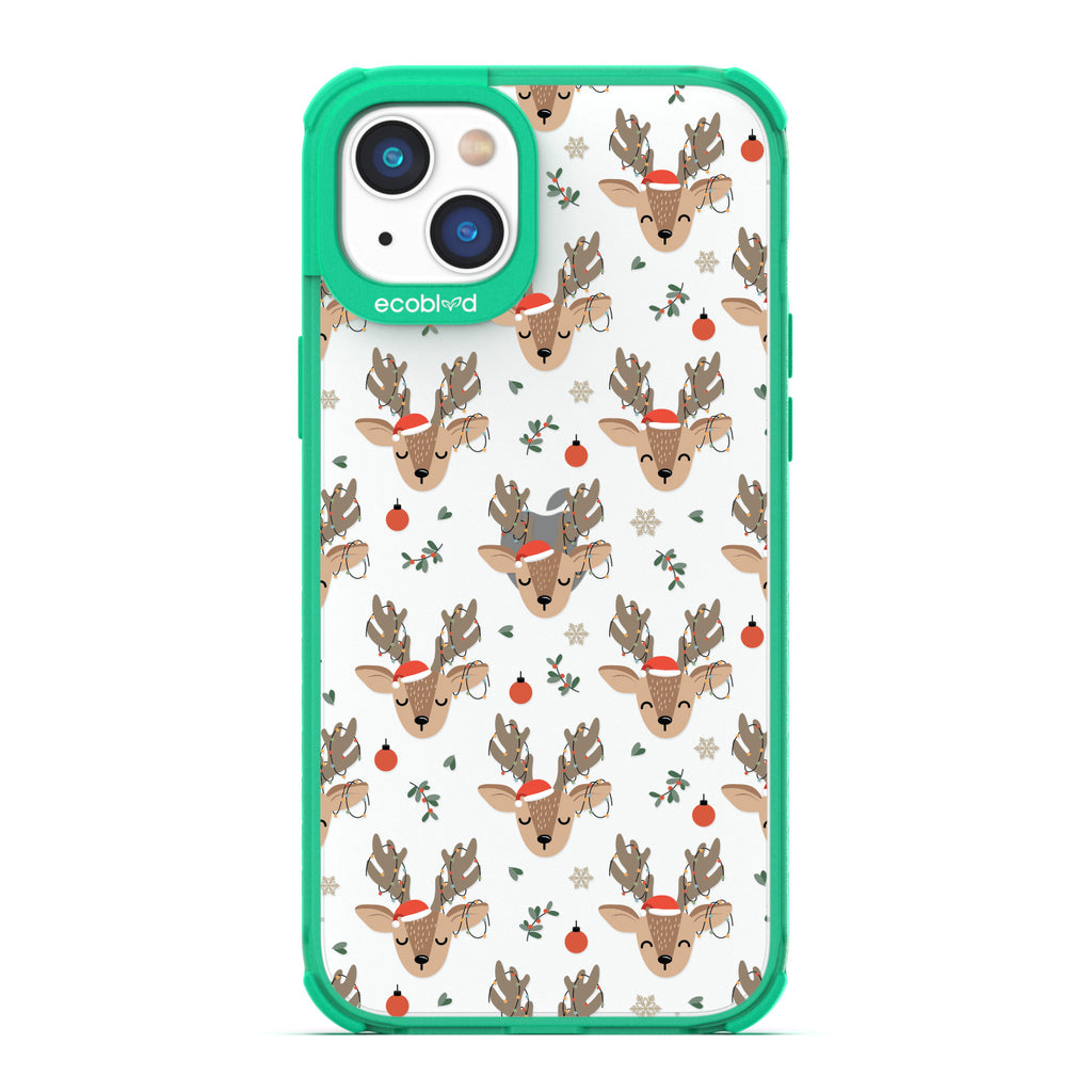 Winter Collection - Green Laguna iPhone 14 Plus Case With Reindeer Wearing Santa Hats & Christmas Lights On A Clear Back