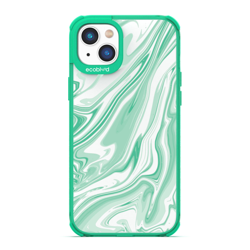 Timeless Collection - Green Laguna Compostable iPhone 14 Plus Case With Marble Swirls On a Clear Back