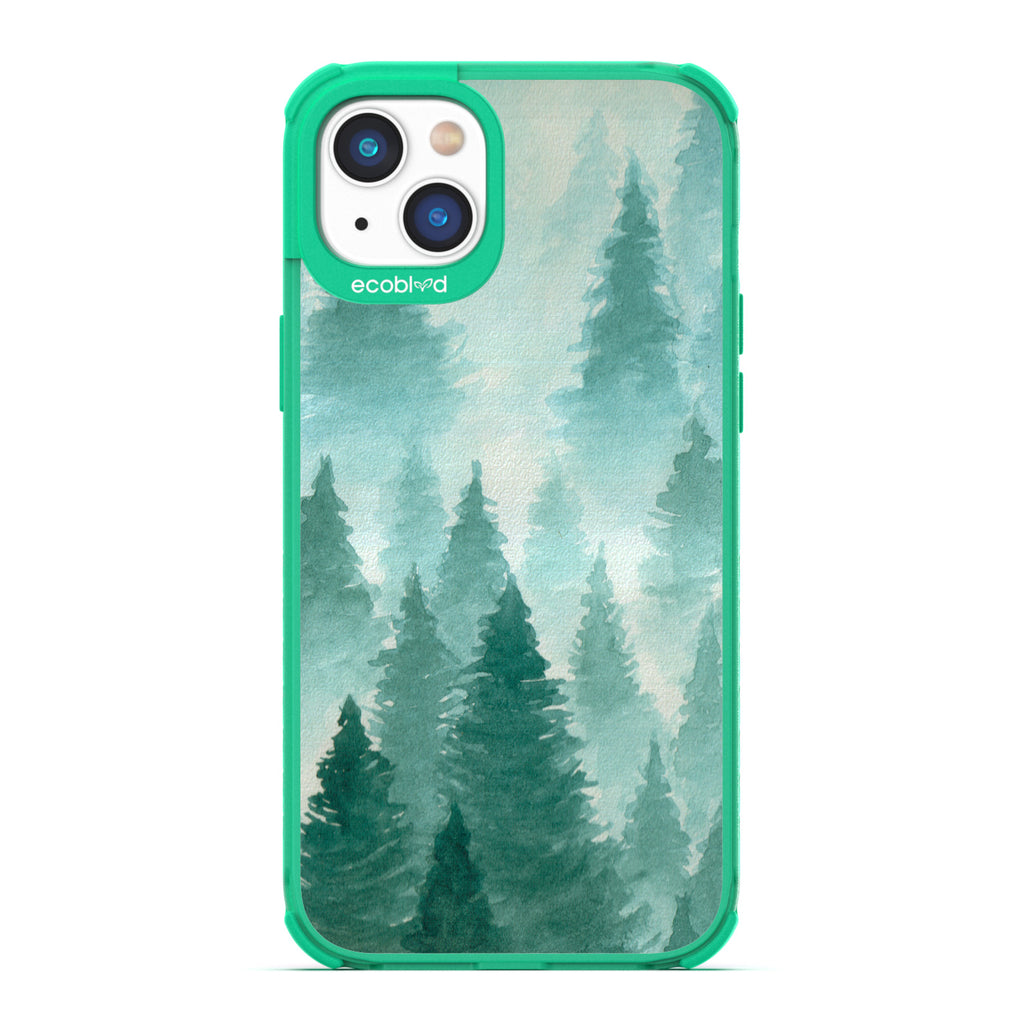 Winter Collection - Green Eco-Friendly Laguna iPhone 14 Plus Case With A Watercolor Pine Tree Forest On A Clear Back