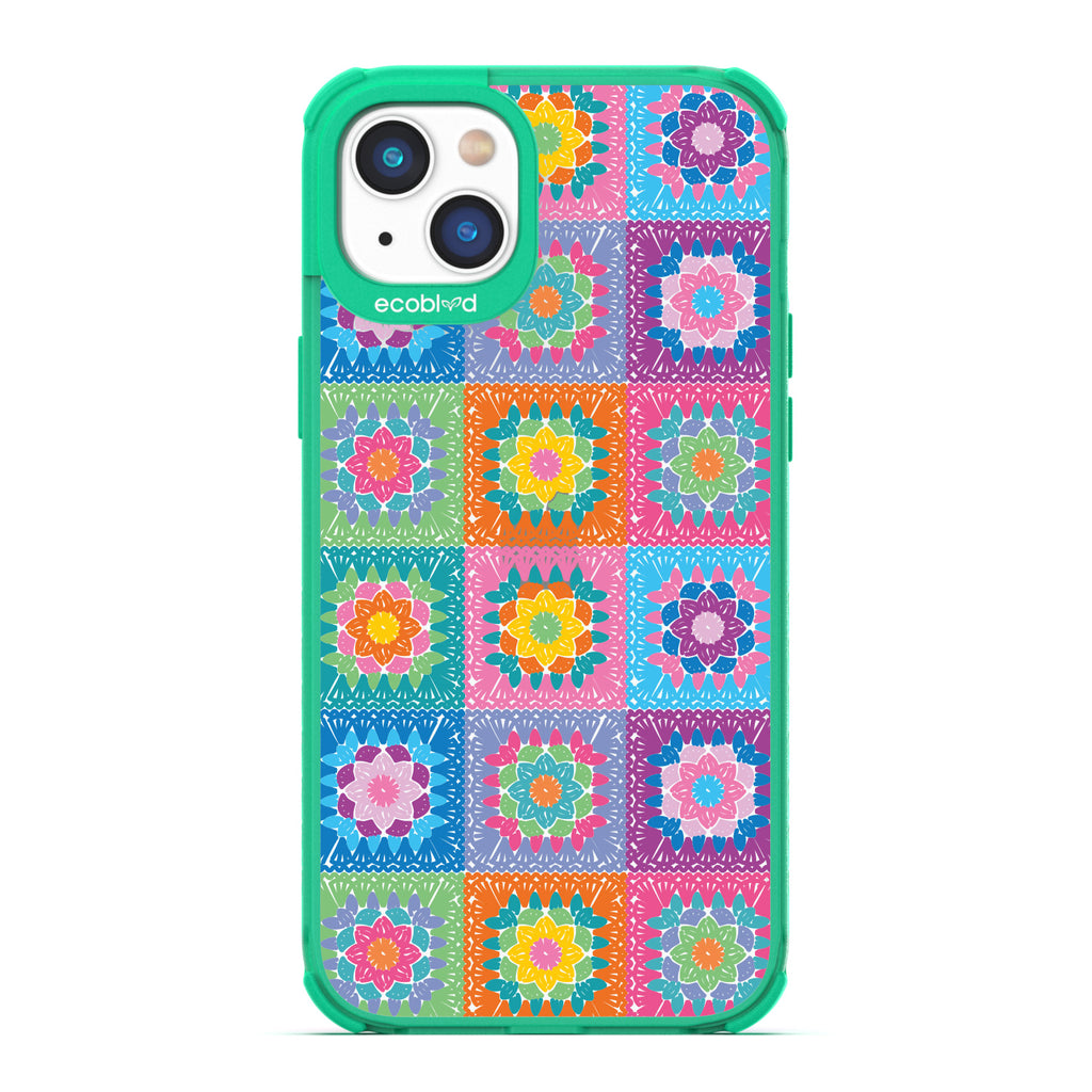 Spring Collection - Green Compostable iPhone 14 Plus Case - Pastel Vintage Granny Squares Crochet Pattern On A Clear Back